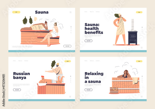 People enjoy sauna and banya activities, set of landing pages. Cartoon characters relaxing in spa