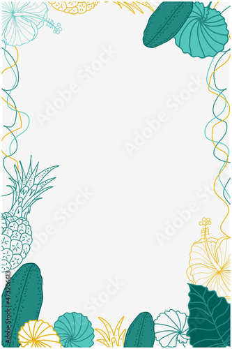 Vector vertical frame for text and inscriptions with tropical leaves, fruits and flowers. Frame for the inscription tropics. Postcard template