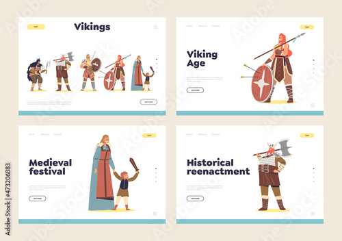 Viking historical reenactment landing pages set with nordic medieval warriors holding weapon