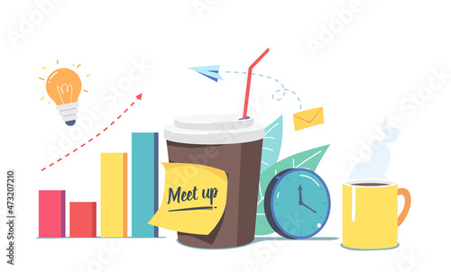 Meetup, Coffee Break for Company Employees Concept with Disposable Coffee Cup, Clock, Tea Mug and Light Bulb with Chart