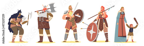 Set of viking cartoon characters male and female warriors with weapon, family with kid