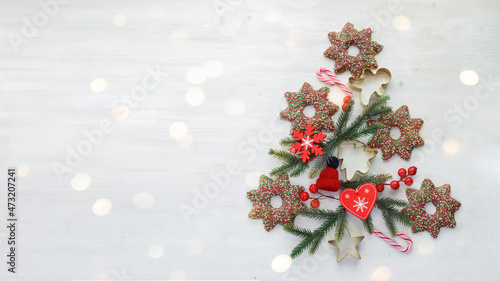 Abstract christmas tree made of cookies and ornaments stock photo