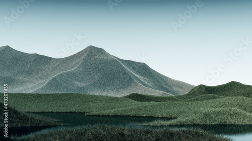 Surreal mountains landscape with pale green peaks and teal sky. Minimal modern abstract background. Shaggy surface with a slight noise. 3d rendering photo