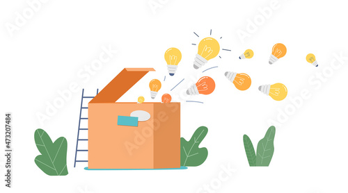 Spreading Knowledge and Ideas Educational Concept with. Lightbulbs Flying out of Open Carton Box. Insights, Education