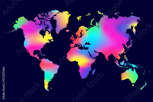 Rainbow color map world. Neon worldmap global. Worldwide globe. Colours map world on dark background. Multicolor backdrop for design prints. Multi continents. Planet earth. Land continent. Vector