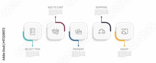 Concept of shopping process with 5 successive steps. Five colorful graphic elements. Timeline design for brochure, presentation, web site. Infographic design layout.