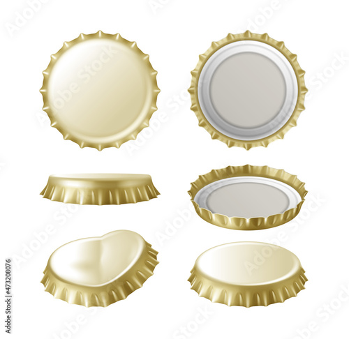 Set of realistic golden crown bottle caps on white background. Beer or lemonade metallic lid