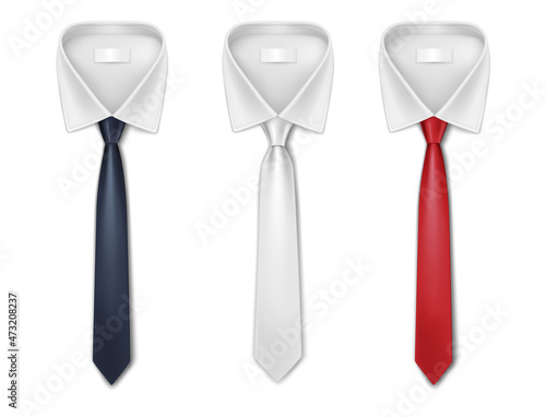 Set of silk neckties. Classic long red, white and black ties. Realistic cravats on shirt collar