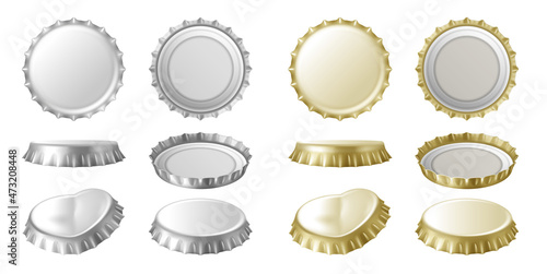 Realistic beer or lemonade bottle cap, metallic lid for glassware bottle of drink