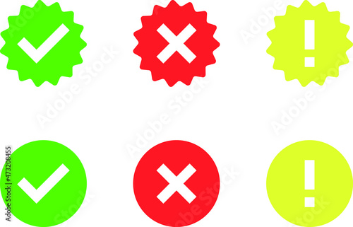 Set of green check mark, red x mark and yellow exclamation point icons, buttons on white background.