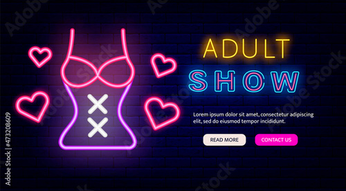 Adult show neon sign on brick wall background flyer. Sexy lingerie.Isolated vector stock illustration