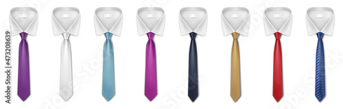 Set of realistic ties on white shirts collars for formal wear. Classic cravats for male clothes