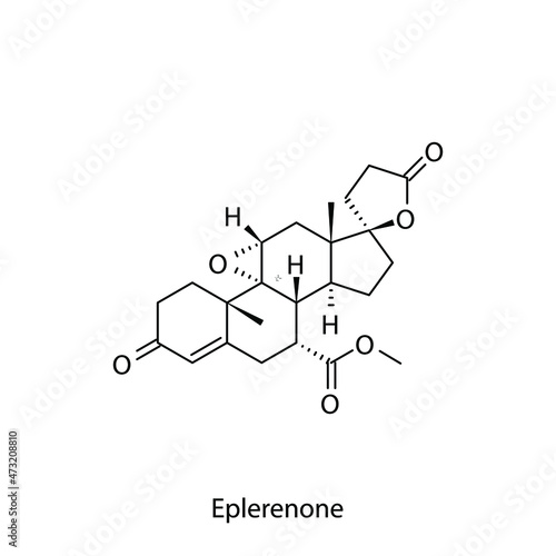Eplerenone molecular structure, flat skeletal chemical formula. Aldosterone antagonist drug used to treat hyperaldosteronism, heart failure. Vector illustration.