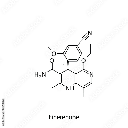 Finerenone molecular structure, flat skeletal chemical formula. Aldosterone antagonist drug used to treat Heart failure, end stage kidney disease. Vector illustration.