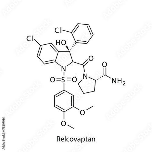 Relcovaptan molecular structure, flat skeletal chemical formula. Vasopressin antagonist drug used to treat Hyponatremia, SIADH. Vector illustration.