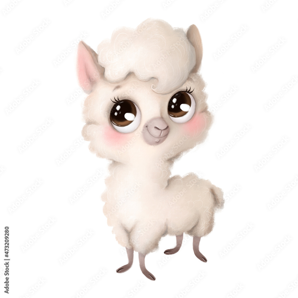 Fototapeta premium Illustration of a cute cartoon llama isolated on a white background. Cute cartoon animals.