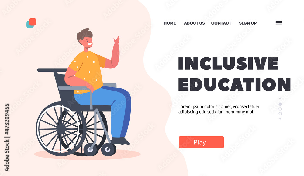 Inclusive Education Landing Page Template. Disabled Boy Sit in Wheelchair. Child Character Disability, Paralyzed Person Inclusive Education Landing Page Template. Disabled Boy Sit in Wheelchair. Child Character Disability, Paralyzed Person