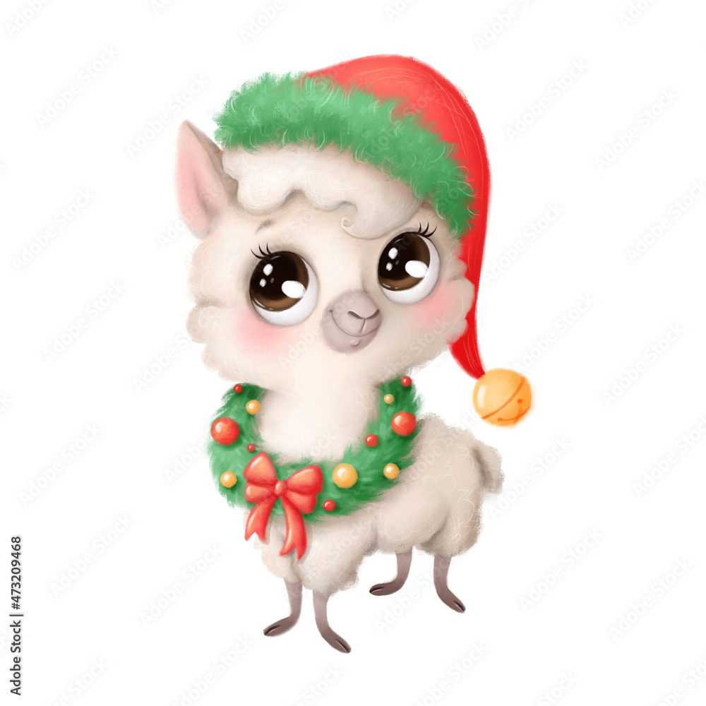 Fototapeta premium Illustration of a cute cartoon Christmas llama isolated on a white background. Cute cartoon Christmas animals.