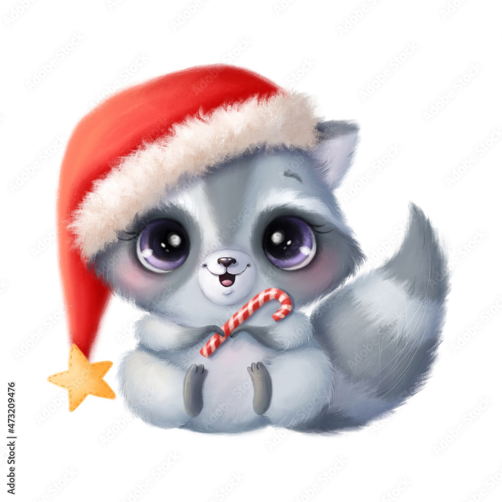 Illustration of a cute cartoon Christmas raccoon isolated on a white background. Cute cartoon Christmas animals. Illustration of a cute cartoon Christmas raccoon isolated on a white background. Cute cartoon Christmas animals.
