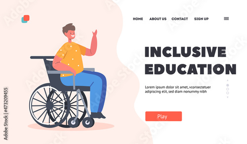 Inclusive Education Landing Page Template. Disabled Boy Sit in Wheelchair. Child Character Disability, Paralyzed Person