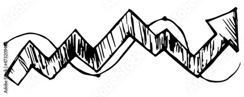 Big arrow of growing profitability in sketch style on a white background. Indicators of high sales, rising prices, rising stocks. Simple vector graph.