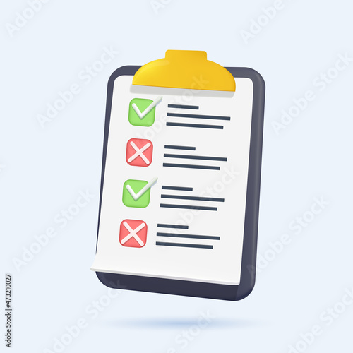 Assignment icon. Clipboard, checklist, document symbol. Business, education concept. 3d vector illustration. Task management check list, efficient work, project plan, opinion survey, assignment exam.