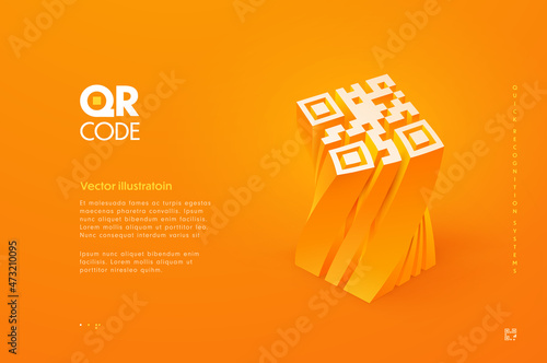 3d qr code vector illustration. Three dimensional barcode on the orange background with abstract typography