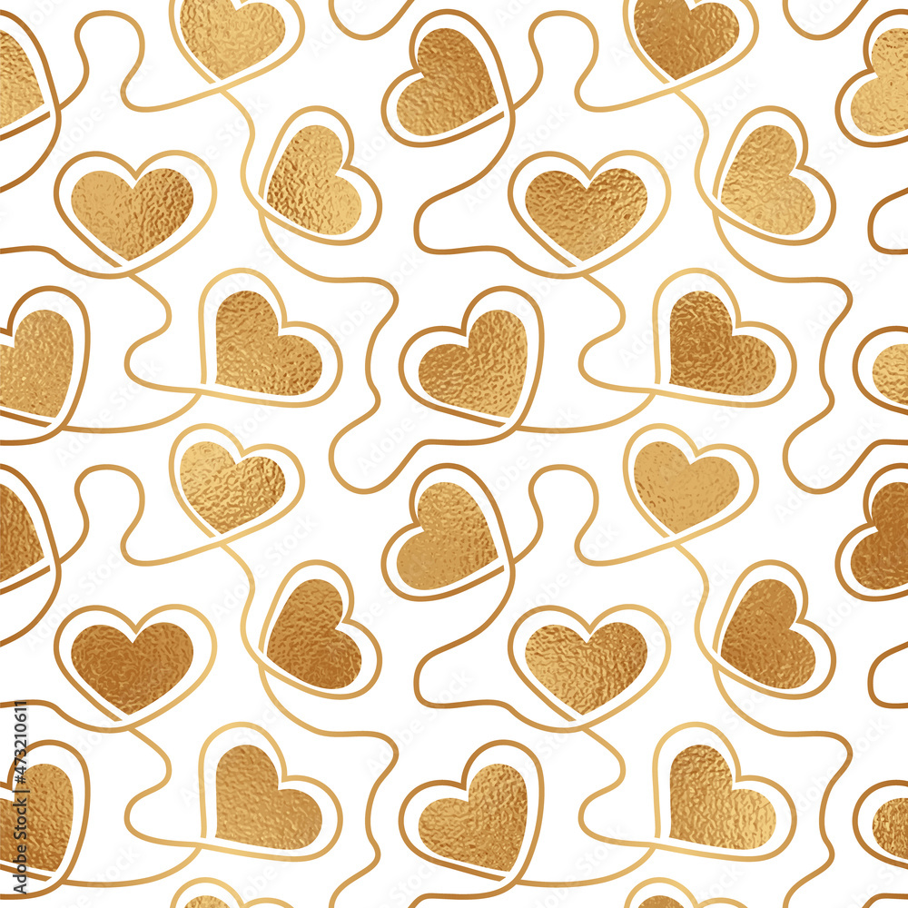 Heart seamless pattern. Gold hearts design  for love printing. Repeated golded background. Golden foil printed. Repeating pattern. Glitter luxury patern. Gift wrapper for girls and women. Vector - obrazy, fototapety, plakaty 