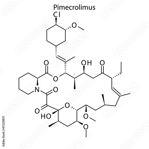 Pimecrolimus molecular structure, flat skeletal chemical formula. immunosuppressant, calcineurin inhibitor drug used to treat Eczema, atopic dermatitis. Vector illustration.