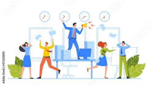 Urgent Work, Deadline Approaching Concept. Anxious Business Characters in Chaos Workplace. People Run with Documents