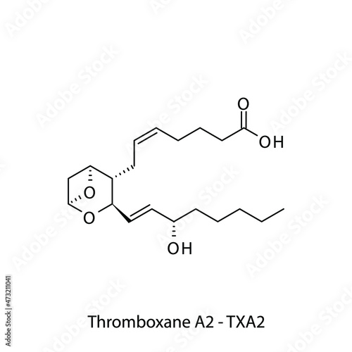Thromboxane A2 Prostaglandin biomolecule molecular formula. Skeletal molecule structure vector eps10.