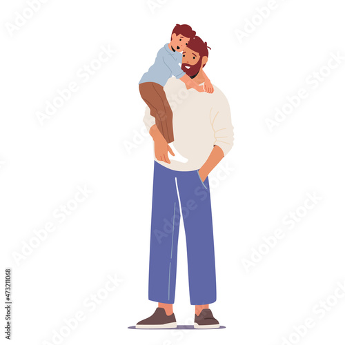 Happy Father Holding Child on Hands Isolated on White Background. Family Characters Dad and Preteen Son Spend Time