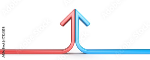 Arrow formed by two merging red and blue lines 3D