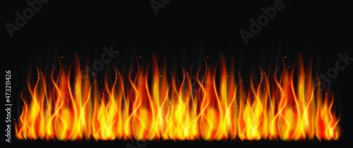 Realistic fire flames, vector 3d Fire, red lights, sparks.