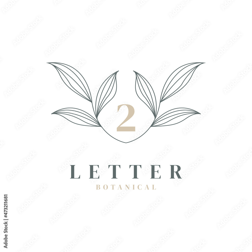 Number 2 Floral and Botanical Logo. Nature Leaf Feminine for Beauty Salon, Massage, Cosmetics or Spa Icon Symbol