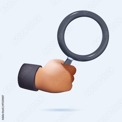 3d vector render. Search icon. Cartoon character hand holds big magnifying glass lens. Business of science clip art.