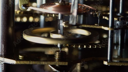 Macro video of the primitive clockwork mechanism of an old desktop alarm clock