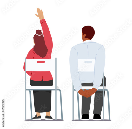 Students, Lecture or Workshop Participants in University or College. People Sitting Back View. Man and Woman on Chairs