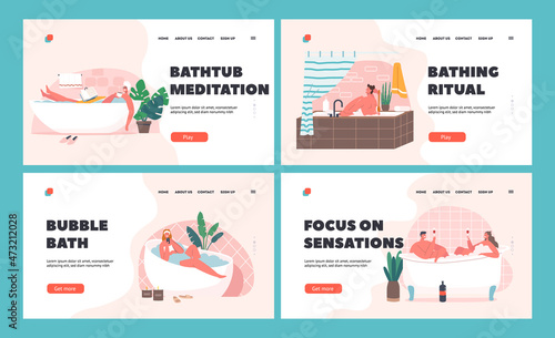 People Bathing Landing Page Template Set. Women with Smartphone and Book, Man Lathering Body with Soap Sit in Bathtub