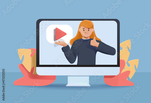 Young business woman, webinar, online conference, online learning, lectures and training in internet. 3d vector people character illustration. Online course, distant education, video lecture Interface