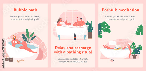 People Bathing Cartoon Posters.Woman with Smartphone and Book, Man Lathering Body with Soap Sitting in Bathtub
