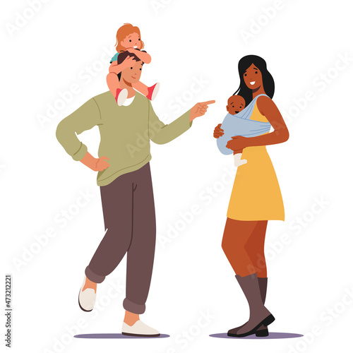 Multiracial Loving Parents with Babies. Mother and Father Caucasian or African Ethnicity Family Characters with Children
