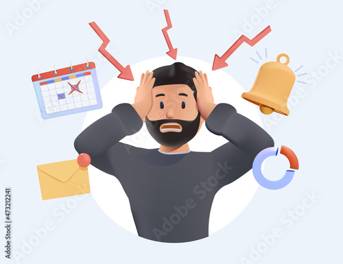 Stressed young man failed to meet deadline. Deadline pressure, stressful job.3d vector people character illustration. Information overload or job burnout with stress and chaos tiny person concept.