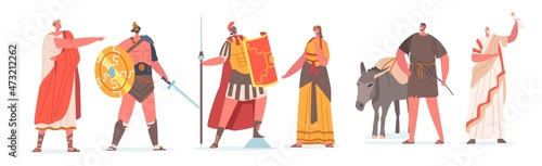 Ancient Rome Citizen Male and Female Character in Tunic and Sandals Historical Costumes, Gladiator, Orator, Governor