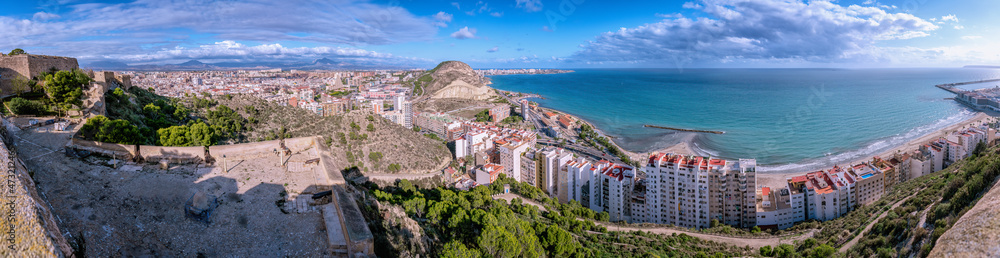 Scenic Alicante panoramic view from Santa Barbara Castle at Serra Grossa San Julian Mountain in Alicante, seaside city of Alicante, Spain