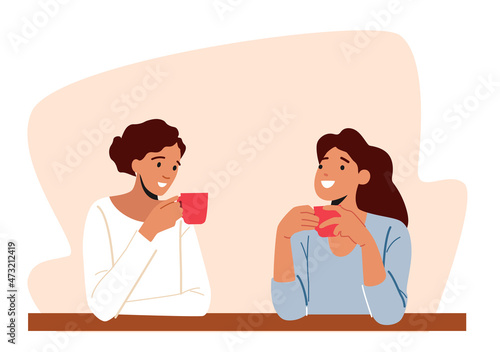 Young Women Meeting at Home or Cafe Drinking Coffee or Tea Holding Cups in Hands. Girlfriends Characters Meeting
