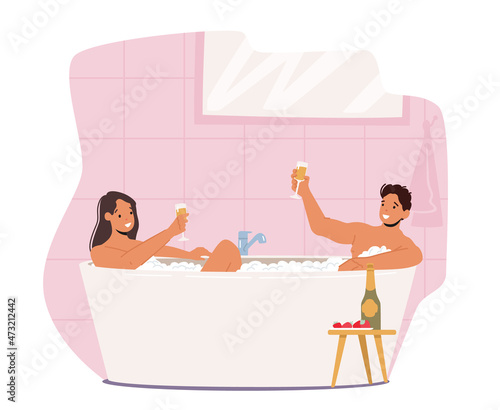 Couple Date in Bathtub, Relaxation, Body Care, Honeymoon Concept. Young Man and Woman Sitting in Bath Tub with Foam