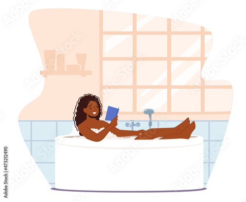 Young Woman Relaxing in Bathtub Reading Book. Happy African Female Character Hygiene, Wellness and Beauty Procedure