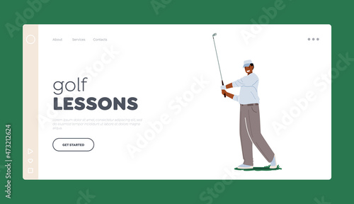 Golf Lessons Landing Page Template. Golfer Hit Ball with Golf Club, Concentrated Sportsman Hobby and Outdoor Activity