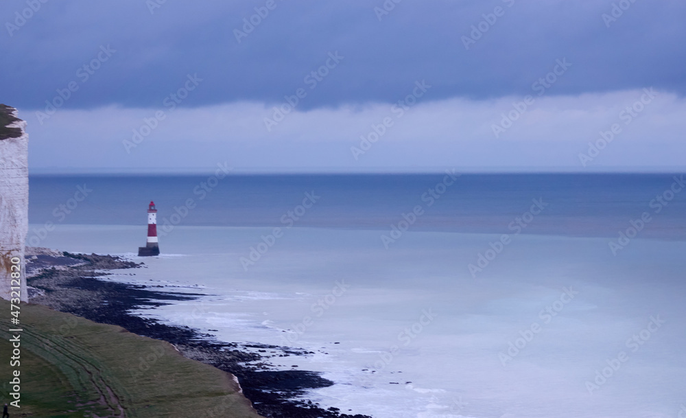 Lighthouse, Seven Sisters, Eastbourne, England, moody and atmospheric weather, white cliffs, December 2021
